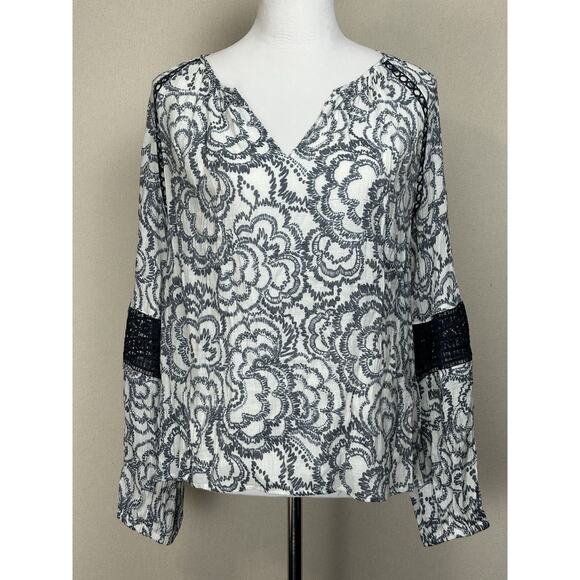 Zac & Rachel Women’s LS 1X Peasant Blouse Gray Floral W/ Navy Blue Whimsy Goth - Picture 1 of 16